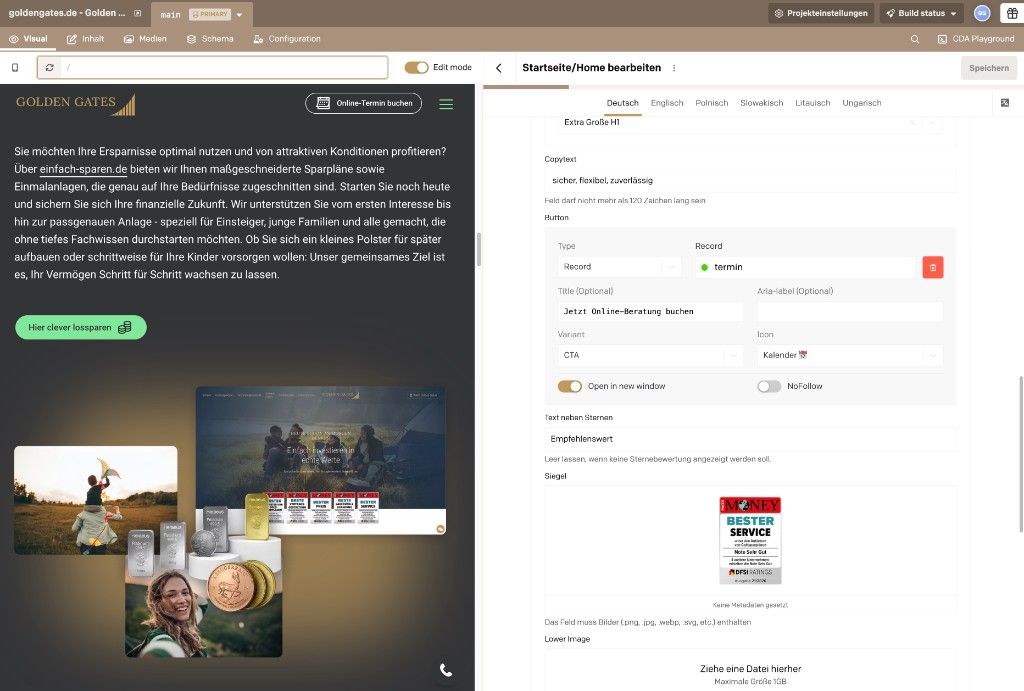 DatoCMS Live Preview mit Visual Editing für die Goldengates-Startseite